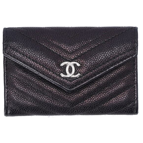 CHANEL Chevron V Stitch Card Case Wallet Black Calfskin Leather - Picture 1 of 5